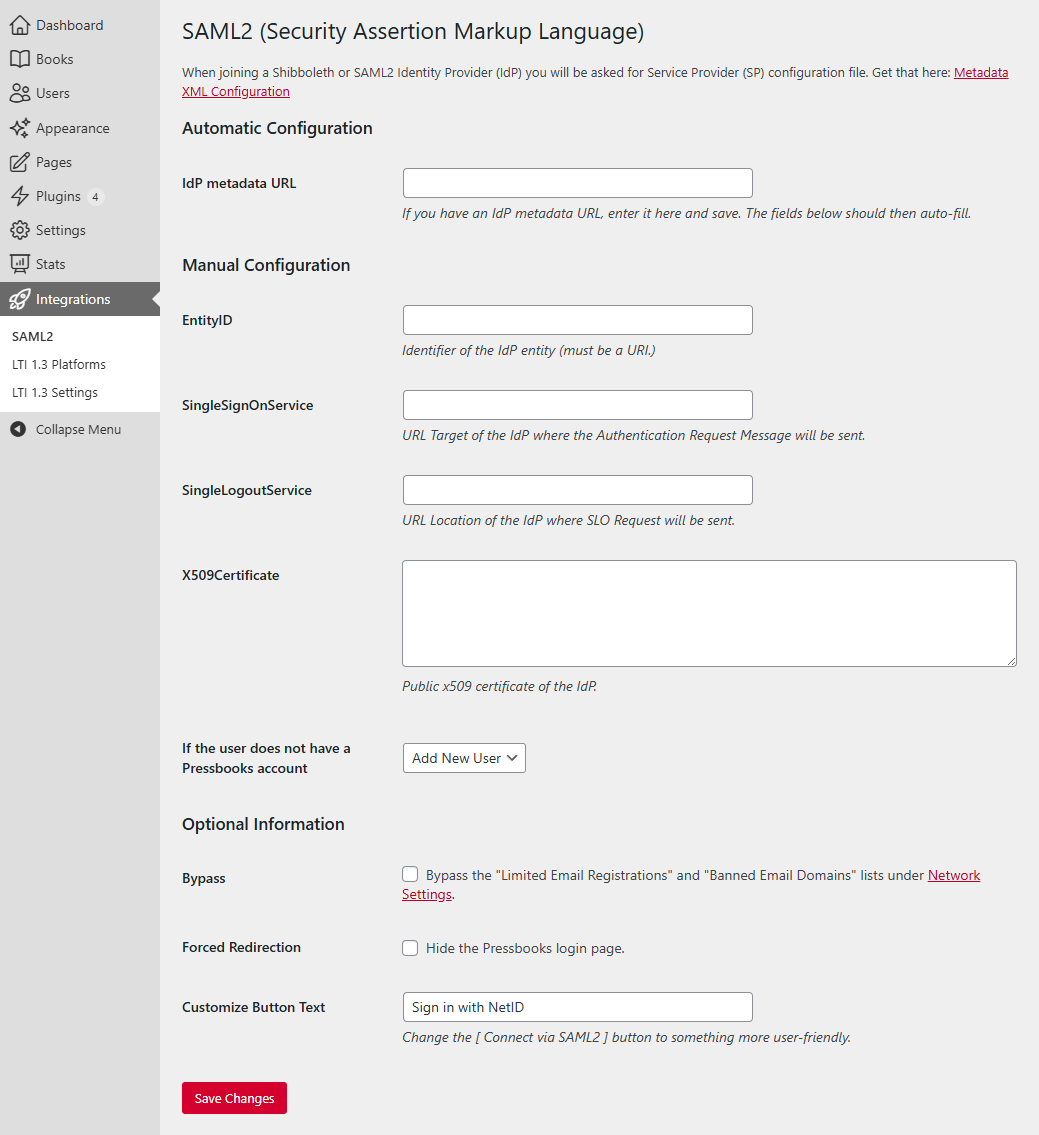 Pressbooks SAML SSO configuration page
